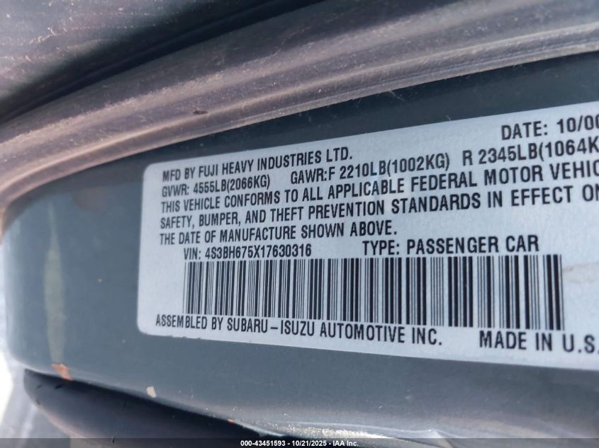 2001 Subaru Outback VIN: 4S3BH675X17630316 Lot: 43451593