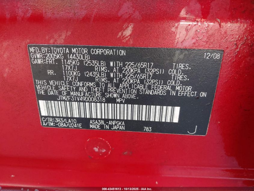 2009 Toyota Rav4 Limited VIN: JTMZF31V49D008318 Lot: 43451613