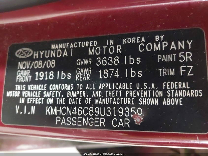 KMHCN46C89U319350 2009 HYUNDAI ACCENT photo no. 9
