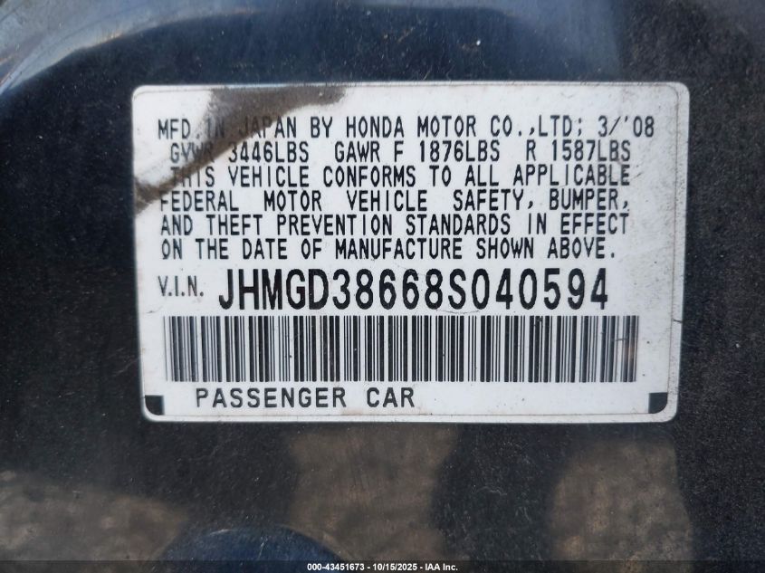 2008 Honda Fit Sport VIN: JHMGD38668S040594 Lot: 43451673