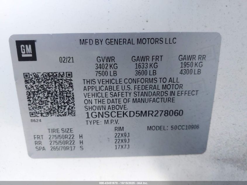 2021 Chevrolet Suburban 2Wd Rst VIN: 1GNSCEKD5MR278060 Lot: 43451678