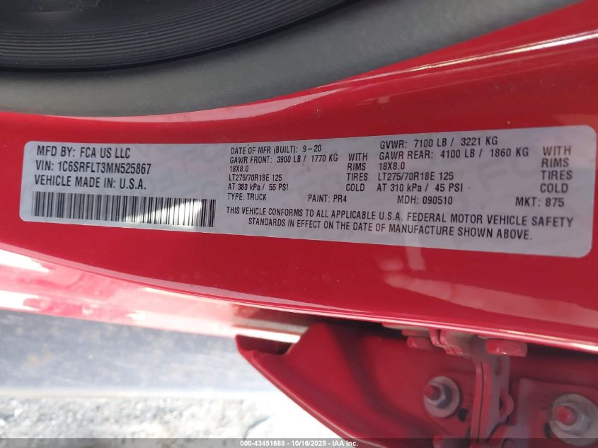 2021 Ram 1500 Rebel 4X4 5'7 Box VIN: 1C6SRFLT3MN525867 Lot: 43451688