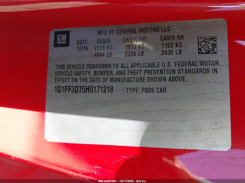 2017 CHEVROLET CAMARO 1SS 1G1FF3D75H0171218