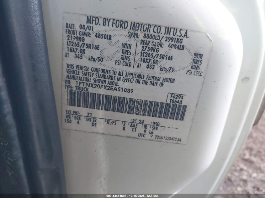 2002 Ford F-250 Lariat/Xl/Xlt VIN: 1FTNX20FX2EA51089 Lot: 43451698