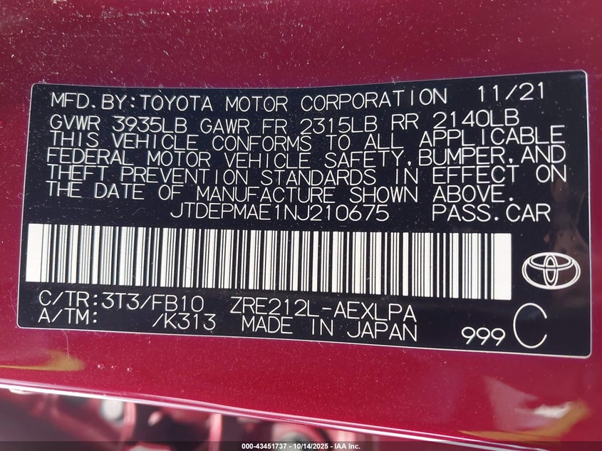 2022 TOYOTA COROLLA LE - JTDEPMAE1NJ210675