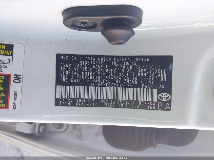 2016 TOYOTA COROLLA S PLUS 5YFBURHE5GP411024