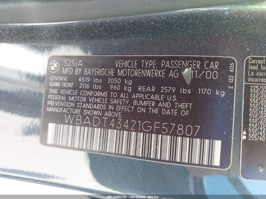2001 BMW 525Ia VIN: WBADT43421GF57807 Lot: 43451791