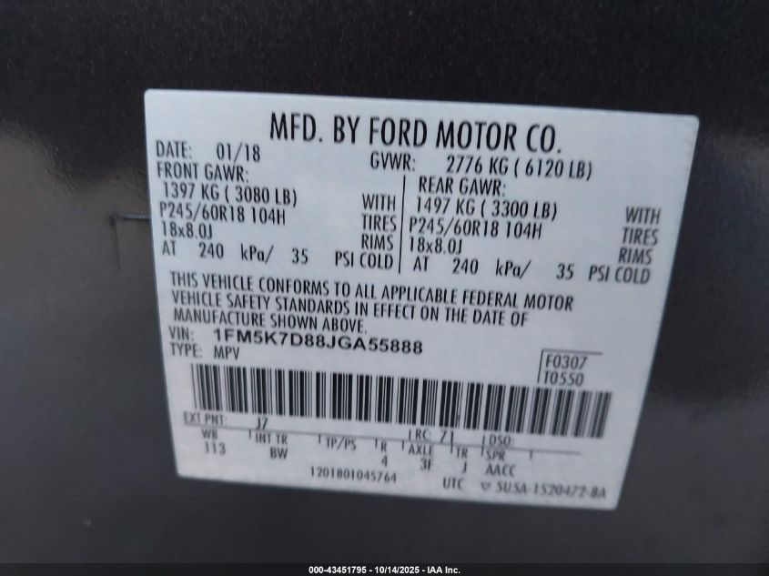 2018 Ford Explorer Xlt VIN: 1FM5K7D88JGA55888 Lot: 43451795