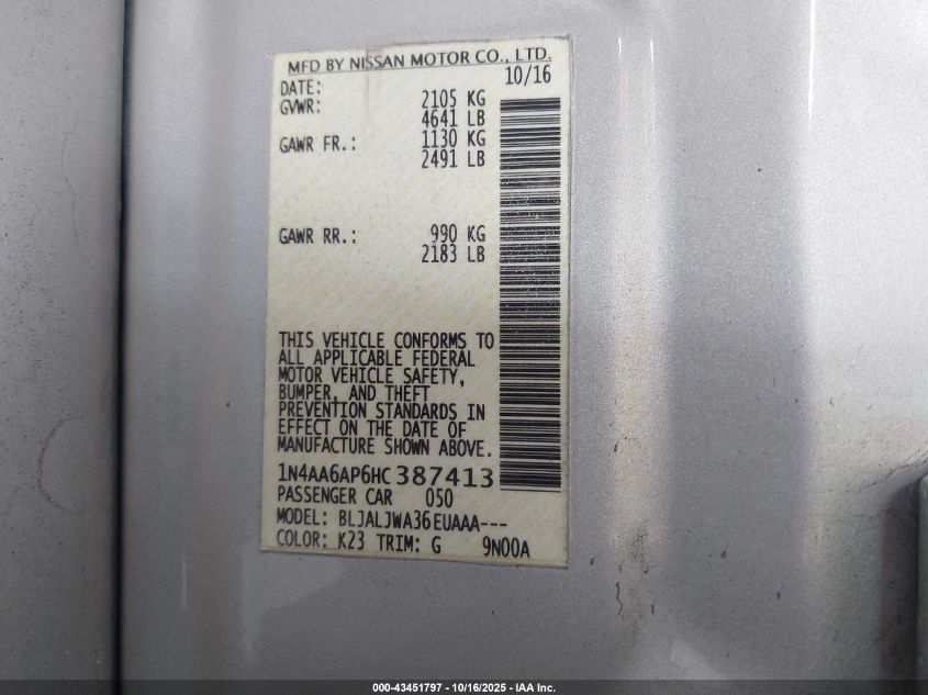 2017 Nissan Maxima 3.5 Sv VIN: 1N4AA6AP6HC387413 Lot: 43451797