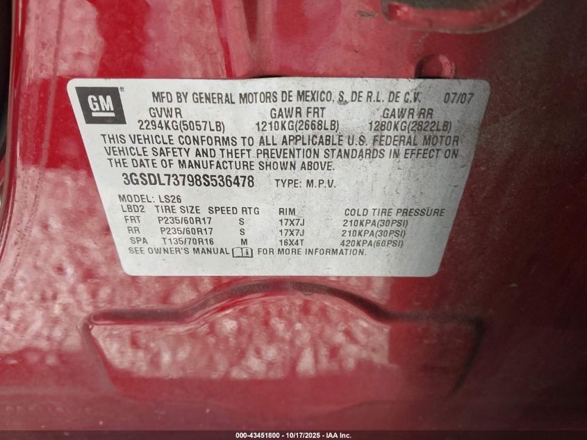 2008 Saturn Vue V6 Xr VIN: 3GSDL73798S536478 Lot: 43451800