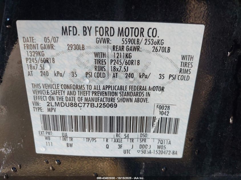 2007 Lincoln Mkx VIN: 2LMDU88C77BJ25069 Lot: 43451830