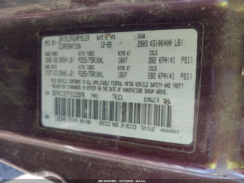 2000 Dodge Ram 1500 St VIN: 3B7HC13Z7YG153976 Lot: 43451862