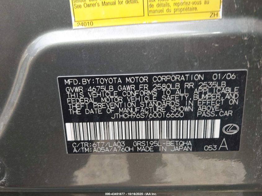 2006 Lexus Gs 300 VIN: JTHCH96S760016660 Lot: 43451877