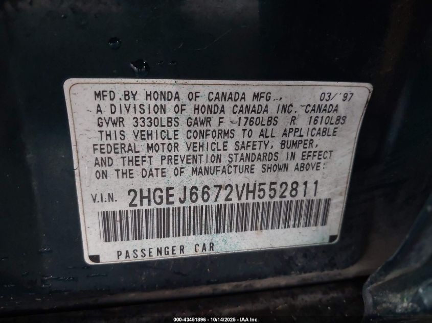 1997 Honda Civic Lx VIN: 2HGEJ6672VH552811 Lot: 43451896