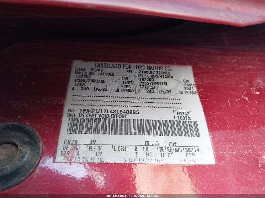 2003 Ford Expedition Eddie Bauer VIN: 1FMPU17L43LB48885 Lot: 43451934