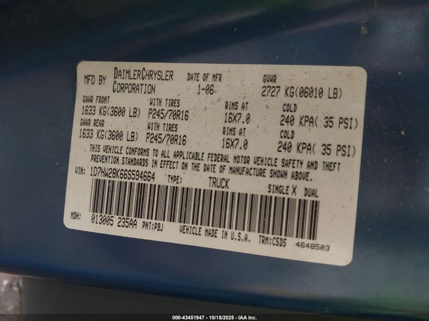 2006 Dodge Dakota St VIN: 1D7HW28K66S594664 Lot: 43451947