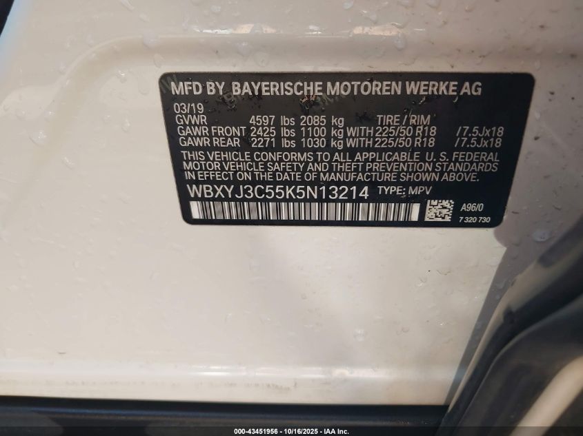 2019 BMW X2 Sdrive28I VIN: WBXYJ3C55K5N13214 Lot: 43451956