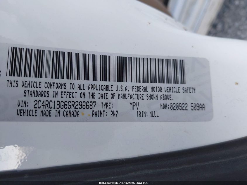 2016 Chrysler Town & Country Touring VIN: 2C4RC1BG6GR296687 Lot: 43451966