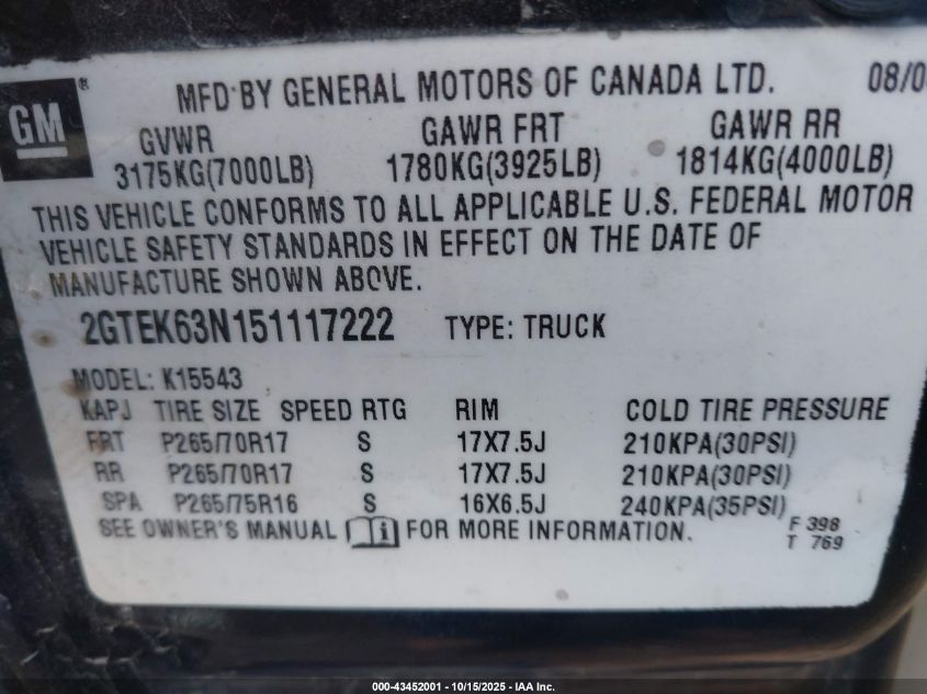2005 GMC Sierra 1500 Denali VIN: 2GTEK63N151117222 Lot: 43452001
