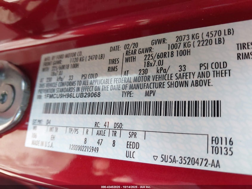 2020 Ford Escape 2.0 Sel Red Lot 111043452020 Vin 1FMCU9H96LUB29068
