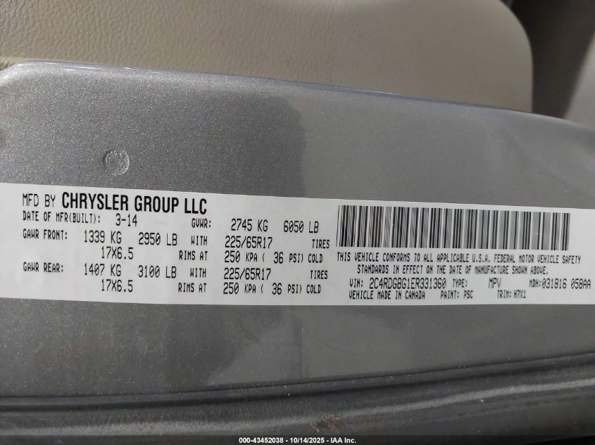 2014 Dodge Grand Caravan American Value Pkg VIN: 2C4RDGBG1ER331360 Lot: 43452038