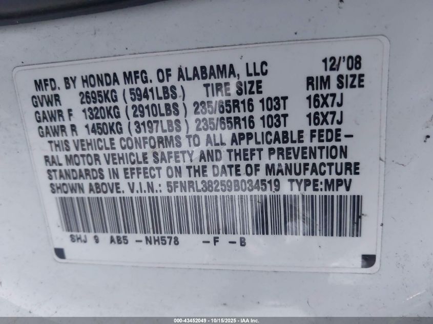 2009 Honda Odyssey Lx VIN: 5FNRL38259B034519 Lot: 43452049