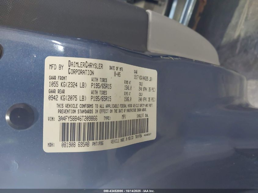 2006 Chrysler Pt Cruiser Touring VIN: 3A4FY58B46T209866 Lot: 43452086