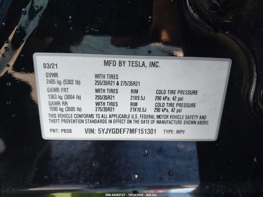 5YJYGDEF7MF151301 2021 TESLA MODEL Y photo no. 9