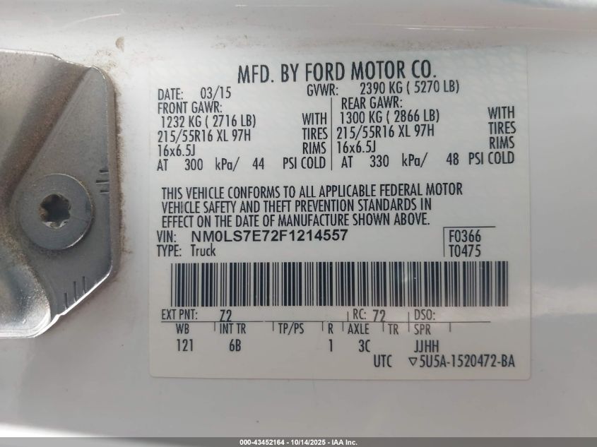 2015 Ford Transit Connect Xl VIN: NM0LS7E72F1214557 Lot: 43452164