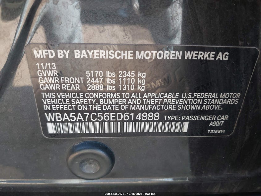 2014 BMW 528I XDRIVE WBA5A7C56ED614888