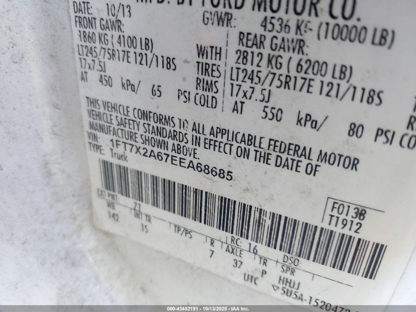 2014 Ford F-250 Xl VIN: 1FT7X2A67EEA68685 Lot: 43452191