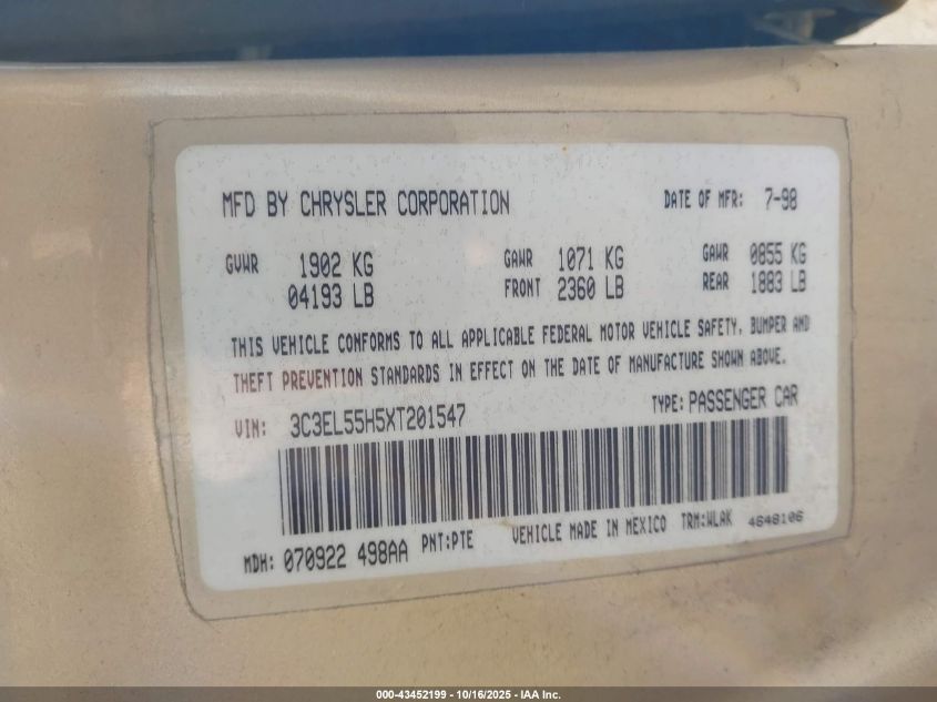 1999 Chrysler Sebring Jxi VIN: 3C3EL55H5XT201547 Lot: 43452199