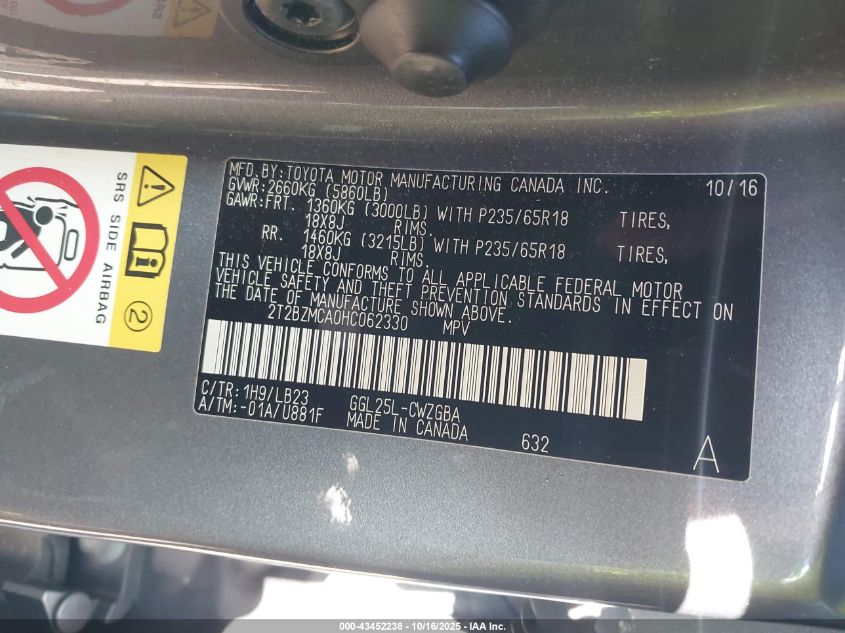 2017 Lexus Rx 350 VIN: 2T2BZMCA0HC062330 Lot: 43452238