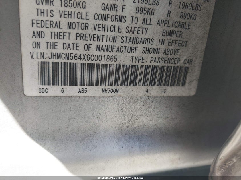 JHMCM564X6C001865 2006 HONDA ACCORD photo no. 9