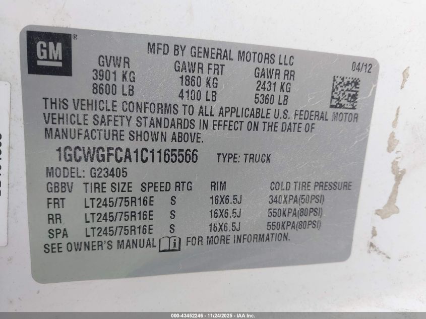 2012 Chevrolet Express 2500 Work Van VIN: 1GCWGFCA1C1165566 Lot: 43452246