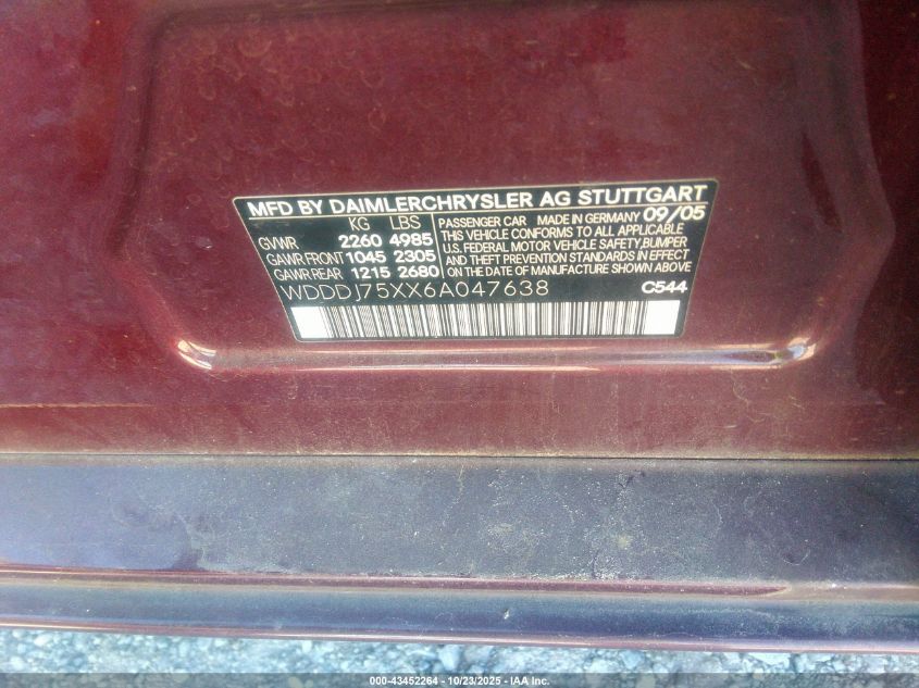 2006 Mercedes-Benz Cls 500 VIN: WDDDJ75XX6A047638 Lot: 43452264