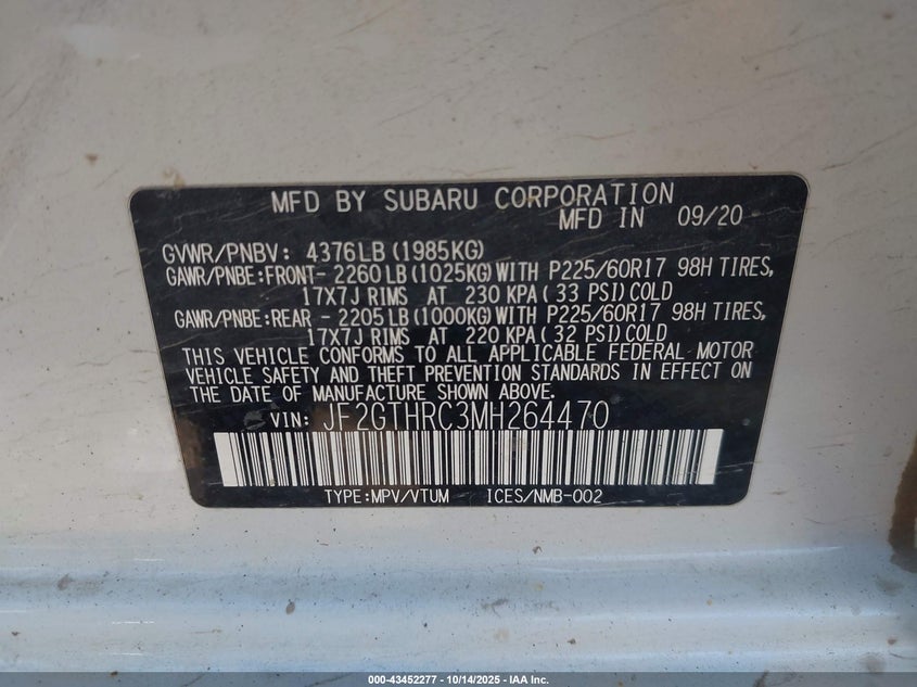 VIN JF2GTHRC3MH264470 2021 SUBARU CROSSTREK SPORT