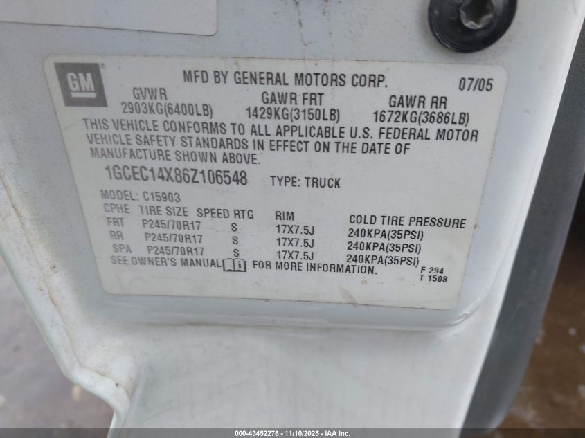 2006 Chevrolet Silverado 1500 Work Truck VIN: 1GCEC14X86Z106548 Lot: 43452276