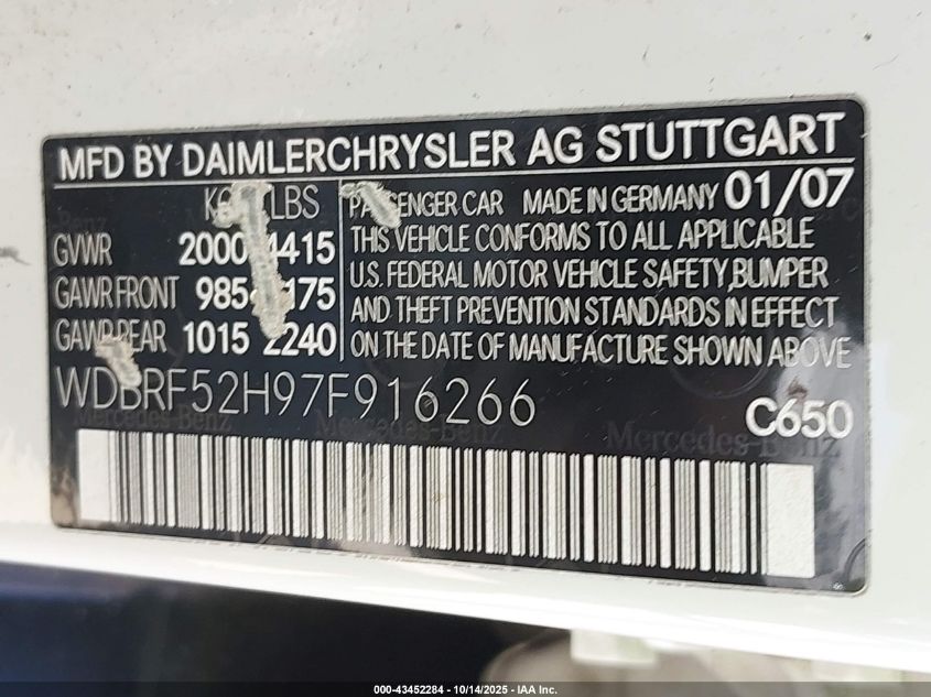 2007 Mercedes-Benz C 230 Sport VIN: WDBRF52H97F916266 Lot: 43452284