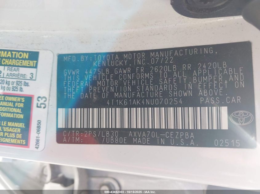 2022 Toyota Camry Xse VIN: 4T1K61AK4NU070254 Lot: 43452303