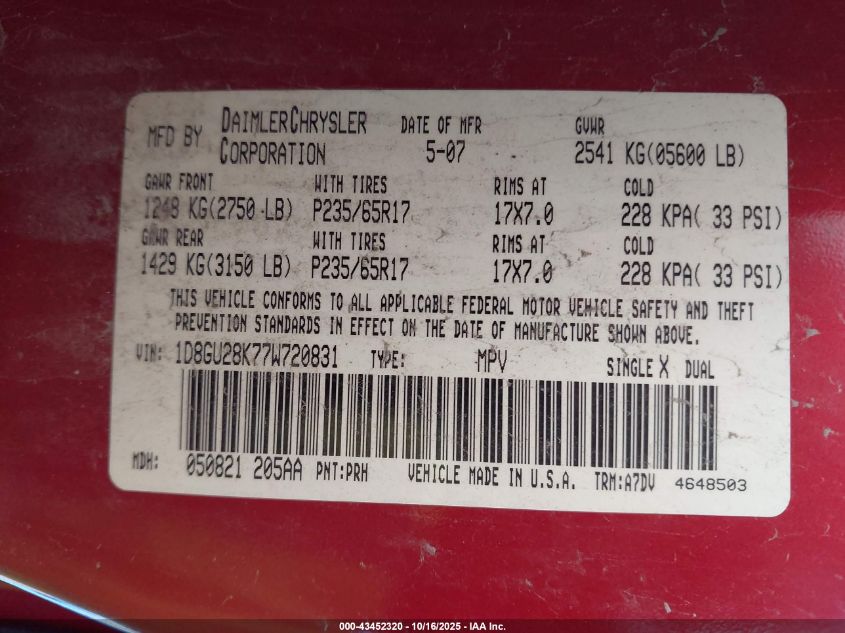 2007 Dodge Nitro Sxt VIN: 1D8GU28K77W720831 Lot: 43452320
