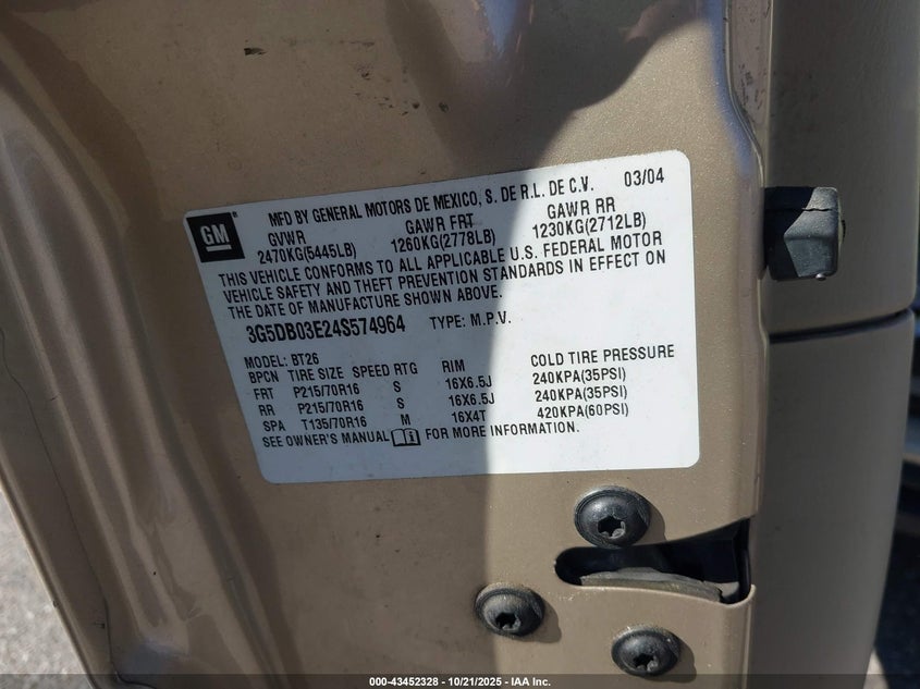 2004 Buick Rendezvous Cx VIN: 3G5DB03E24S574964 Lot: 43452328