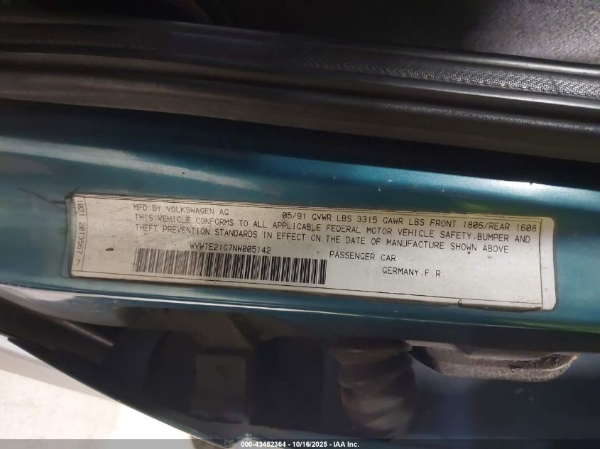 1992 Volkswagen Jetta Gli 16V VIN: WVWTE21G7NW005142 Lot: 43452364
