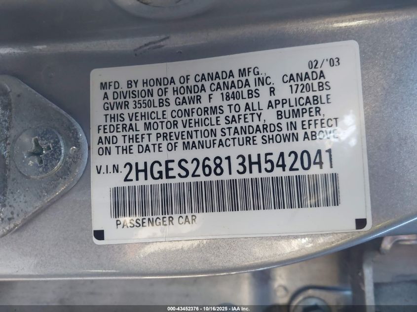 2003 Honda Civic Ex VIN: 2HGES26813H542041 Lot: 43452376