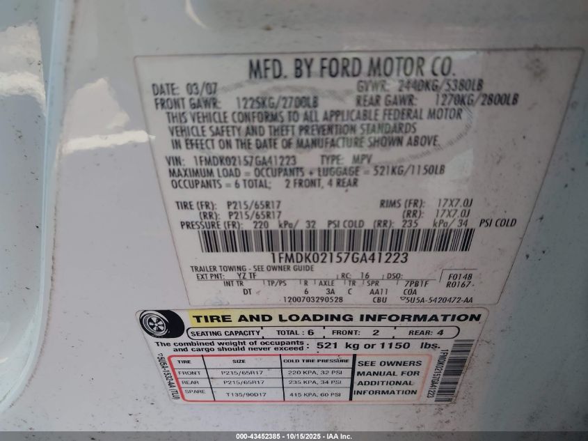 2007 Ford Freestyle Sel VIN: 1FMDK02157GA41223 Lot: 43452385