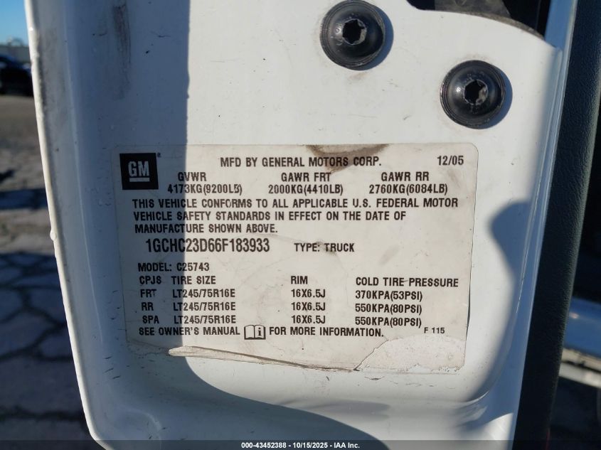 2006 Chevrolet Silverado 2500Hd Lt1 VIN: 1GCHC23D66F183933 Lot: 43452388