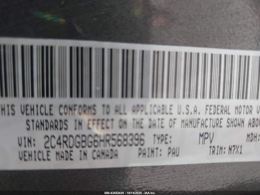 2017 Dodge Grand Caravan Se Plus VIN: 2C4RDGBG6HR568396 Lot: 43452435