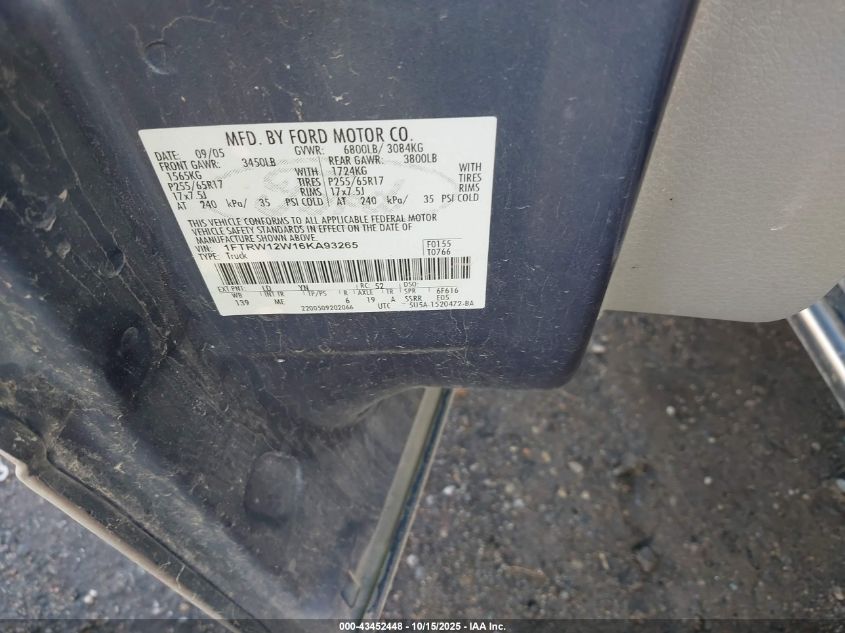 2006 Ford F-150 Xlt VIN: 1FTRW12W16KA93265 Lot: 43452448