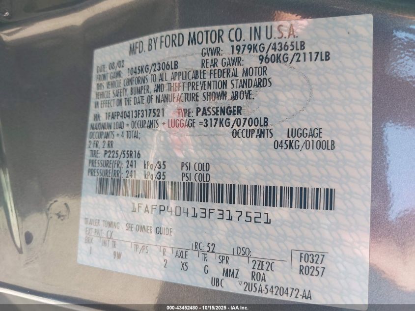 2003 Ford Mustang VIN: 1FAFP40413F317521 Lot: 43452480