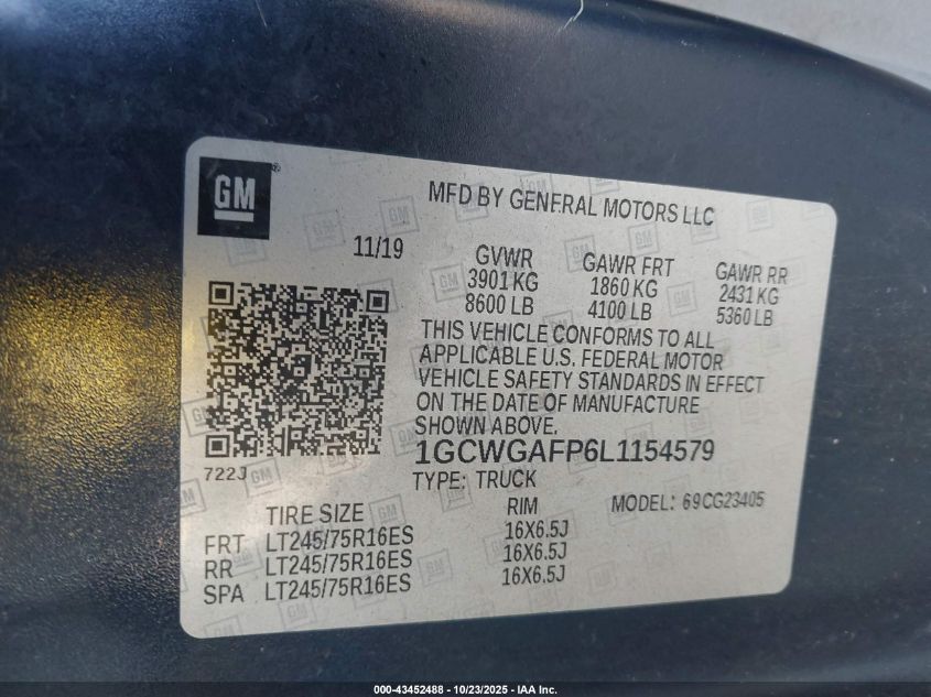 2020 Chevrolet Express Cargo Rwd 2500 Regular Wheelbase Wt VIN: 1GCWGAFP6L1154579 Lot: 43452488